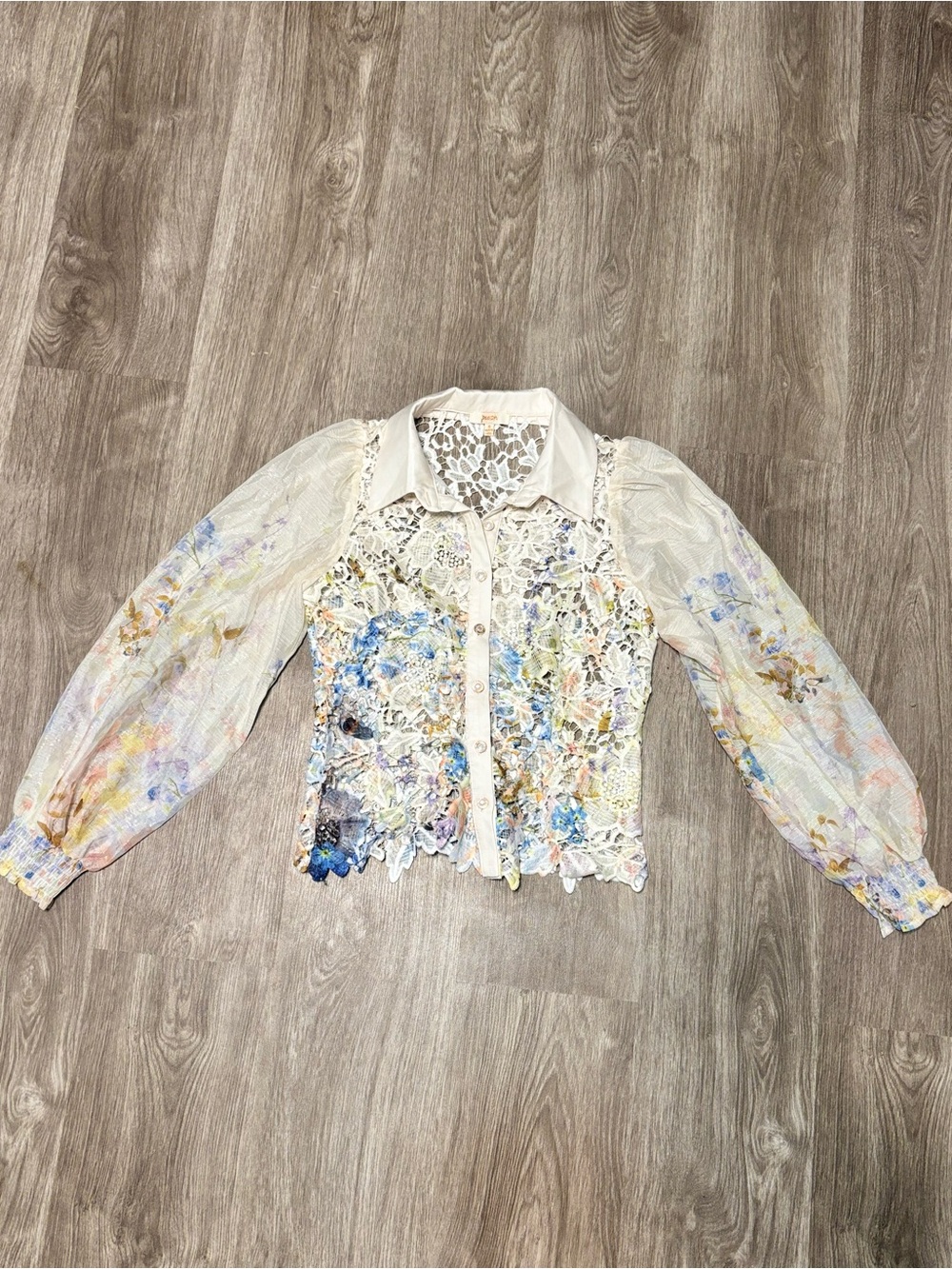 Sheer Floral Lace Button-Front Blouse - White with Multicolor Floral